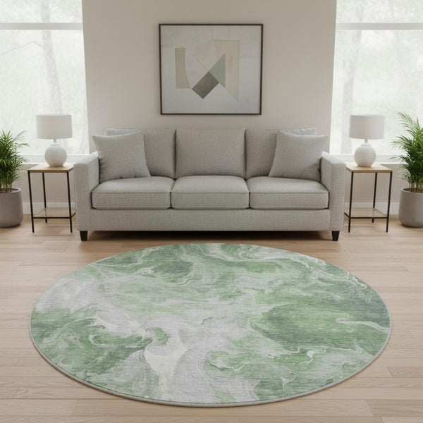 HomeRoots 8' Round Area Rug in Green, Gray, Ivory - Stylish, Stain-Resistant, UV-Protected, Non-Slip Design 697221
