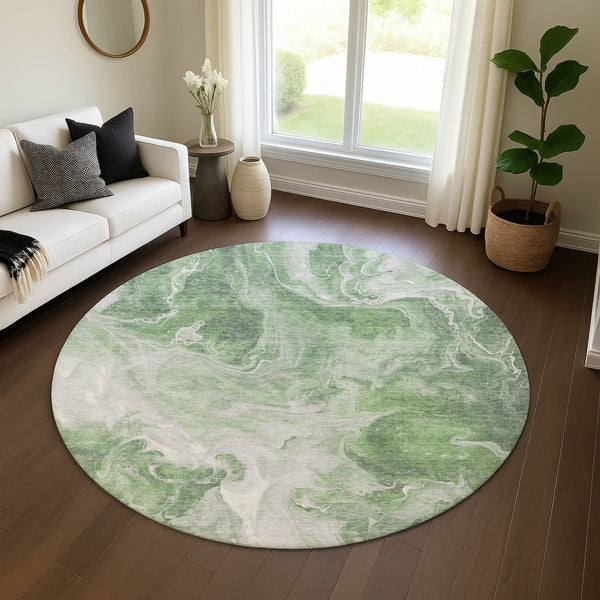 HomeRoots 8' Round Area Rug in Green, Gray, Ivory - Stylish, Stain-Resistant, UV-Protected, Non-Slip Design 697221