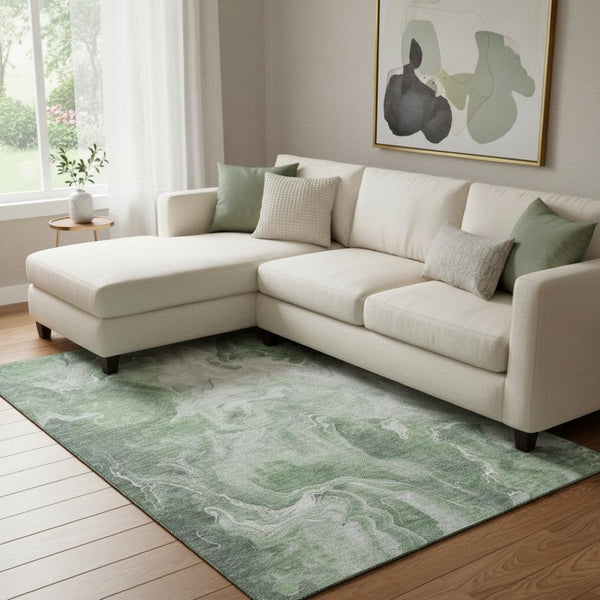 HomeRoots 8' X 10' Stylish Green Gray Ivory Abstract Washable Area Rug with UV Protection for Any Room 697222