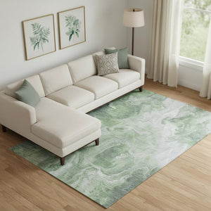 HomeRoots 9' X 12' Abstract Area Rug in Green, Gray & Ivory - Washable, UV Protected & Ideal for Family Spaces 697223