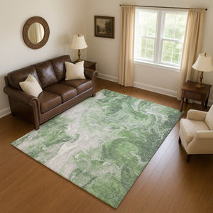 HomeRoots 10' X 14' Washable Area Rug in Green, Gray & Ivory - Modern Abstract Design with UV Protection 697224