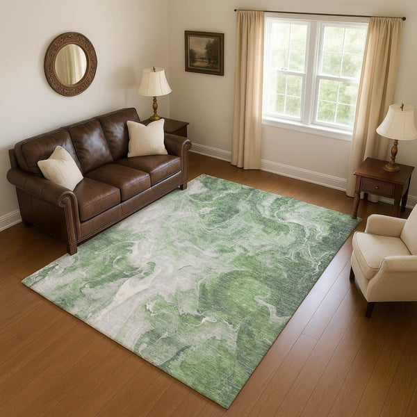 HomeRoots 10' X 14' Washable Area Rug in Green, Gray & Ivory - Modern Abstract Design with UV Protection 697224