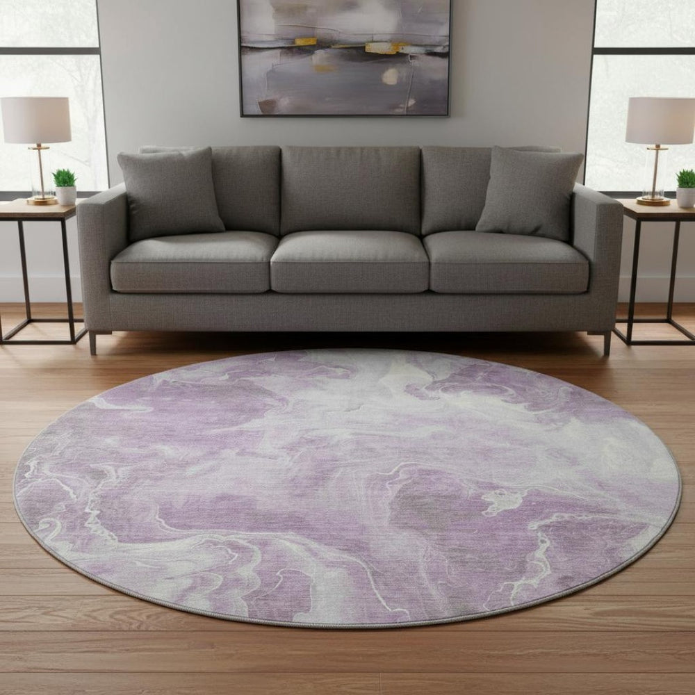 HomeRoots 8' Lavender and Ivory Abstract Washable Round Rug – UV Protected, Stain-Resistant, Durable Design 697227