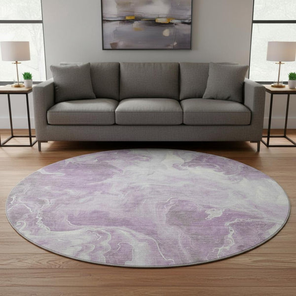 HomeRoots 8' Lavender and Ivory Abstract Washable Round Rug – UV Protected, Stain-Resistant, Durable Design 697227