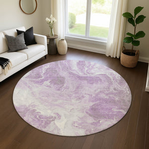 HomeRoots 8' Lavender and Ivory Abstract Washable Round Rug – UV Protected, Stain-Resistant, Durable Design 697227