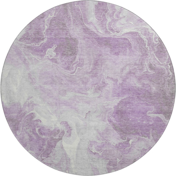 HomeRoots 8' Lavender and Ivory Abstract Washable Round Rug – UV Protected, Stain-Resistant, Durable Design 697227