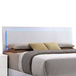 English Elm White Queen Bed with Adjustable LED Headboard, Sturdy Wooden Slats, White Faux Leather, Chrome Trim, Durable Support and Ambient Lighting for Reading and Relaxation B062S00584