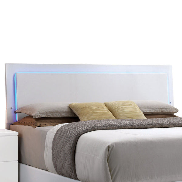 English Elm White Queen Bed with Adjustable LED Headboard, Sturdy Wooden Slats, White Faux Leather, Chrome Trim, Durable Support and Ambient Lighting for Reading and Relaxation B062S00584