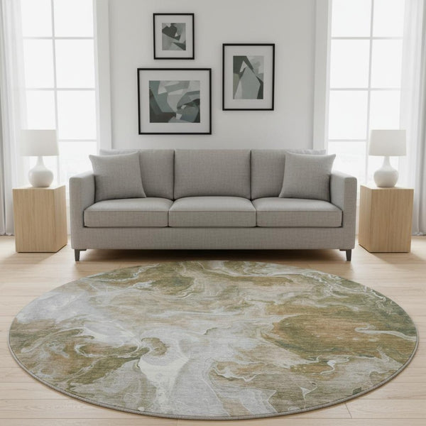 HomeRoots 8' Contemporary Abstract Washable Round Rug in Coffee, Copper & Silver - UV Protection & Stain Resistant 697233