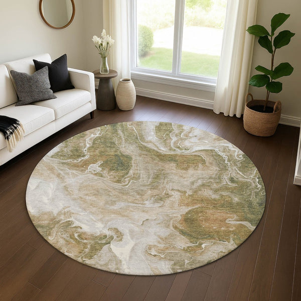HomeRoots 8' Contemporary Abstract Washable Round Rug in Coffee, Copper & Silver - UV Protection & Stain Resistant 697233