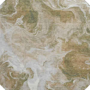 HomeRoots 8' Contemporary Abstract Washable Round Rug in Coffee, Copper & Silver - UV Protection & Stain Resistant 697233