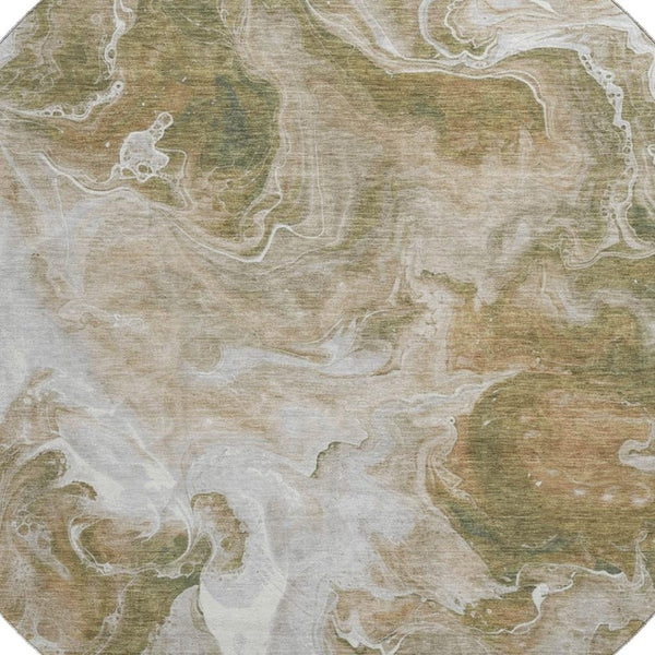 HomeRoots 8' Contemporary Abstract Washable Round Rug in Coffee, Copper & Silver - UV Protection & Stain Resistant 697233
