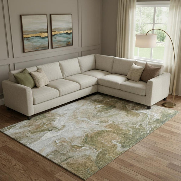 HomeRoots 10' X 14' Modern Abstract Washable Area Rug in Coffee, Copper & Silver with UV Protection & Durability 697236