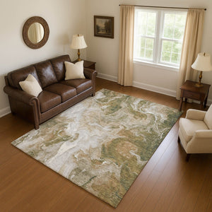 HomeRoots 10' X 14' Modern Abstract Washable Area Rug in Coffee, Copper & Silver with UV Protection & Durability 697236