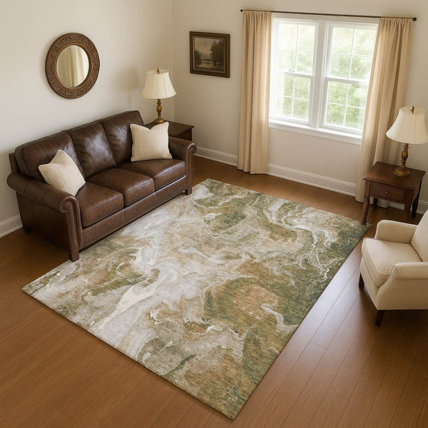 HomeRoots 10' X 14' Modern Abstract Washable Area Rug in Coffee, Copper & Silver with UV Protection & Durability 697236