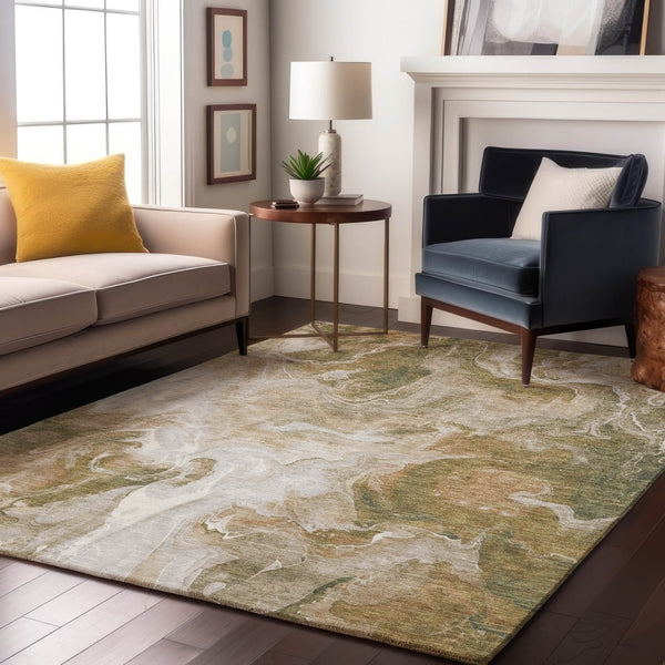 HomeRoots 10' X 14' Modern Abstract Washable Area Rug in Coffee, Copper & Silver with UV Protection & Durability 697236