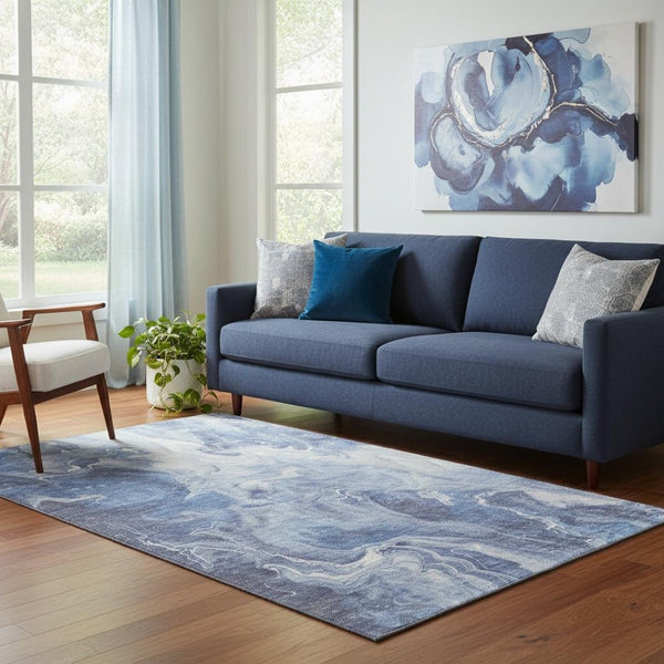 HomeRoots 5' Navy Blue & Ivory Abstract Area Rug - Washable, UV-Protected, Durable & Stylish for Any Room 697238