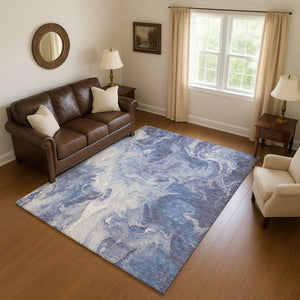 HomeRoots 5' Navy Blue & Ivory Abstract Area Rug - Washable, UV-Protected, Durable & Stylish for Any Room 697238