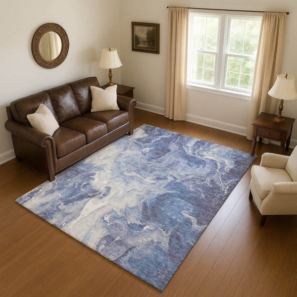 HomeRoots 5' Navy Blue & Ivory Abstract Area Rug - Washable, UV-Protected, Durable & Stylish for Any Room 697238