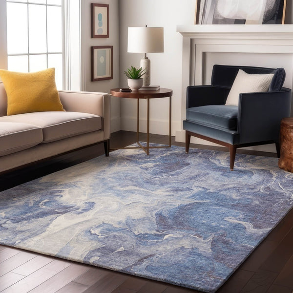 HomeRoots 5' Navy Blue & Ivory Abstract Area Rug - Washable, UV-Protected, Durable & Stylish for Any Room 697238