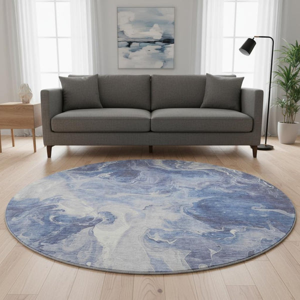 HomeRoots 8' Navy Blue and Ivory Abstract Washable Round Rug - Stylish, Durable, UV-Protected for High Traffic Areas 697239