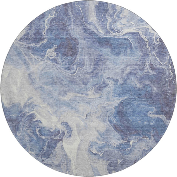 HomeRoots 8' Navy Blue and Ivory Abstract Washable Round Rug - Stylish, Durable, UV-Protected for High Traffic Areas 697239