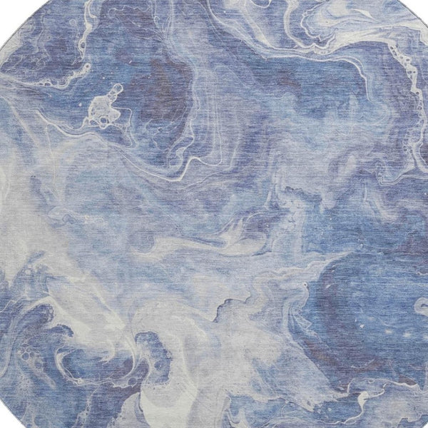 HomeRoots 8' Navy Blue and Ivory Abstract Washable Round Rug - Stylish, Durable, UV-Protected for High Traffic Areas 697239