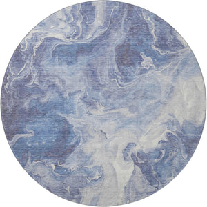 HomeRoots 8' Navy Blue and Ivory Abstract Washable Round Rug - Stylish, Durable, UV-Protected for High Traffic Areas 697239
