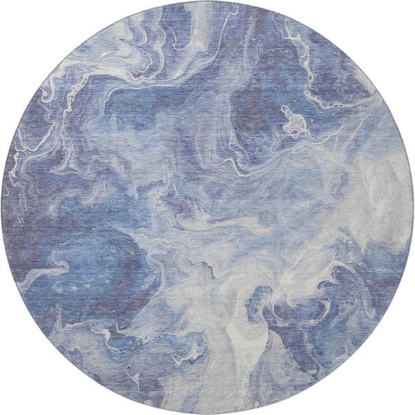 HomeRoots 8' Navy Blue and Ivory Abstract Washable Round Rug - Stylish, Durable, UV-Protected for High Traffic Areas 697239