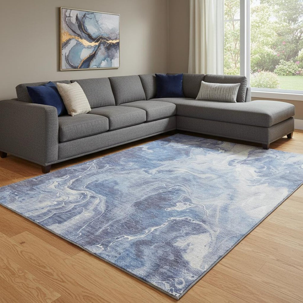 HomeRoots 8' X 10' Navy Blue And Ivory Abstract Washable Area Rug - Durable, Stain-Resistant with UV Protection 697240