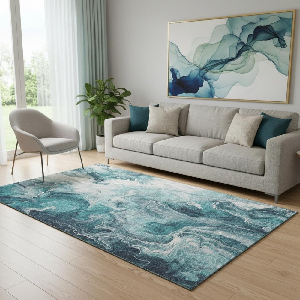 HomeRoots 5' X 8' Stylish Teal Gray & Silver Abstract Area Rug – Washable, UV Protected, Durable & Soft Design 697244