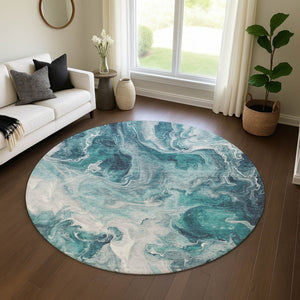 HomeRoots 8' Teal Gray Silver Abstract Round Rug – Washable, Stain Resistant, UV Protected for Modern Homes 697245
