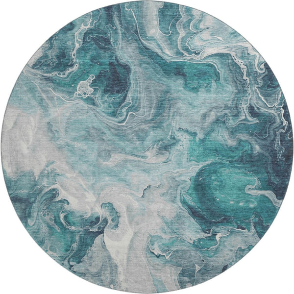HomeRoots 8' Teal Gray Silver Abstract Round Rug – Washable, Stain Resistant, UV Protected for Modern Homes 697245