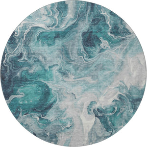 HomeRoots 8' Teal Gray Silver Abstract Round Rug – Washable, Stain Resistant, UV Protected for Modern Homes 697245
