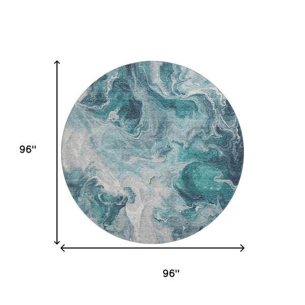 HomeRoots 8' Teal Gray Silver Abstract Round Rug – Washable, Stain Resistant, UV Protected for Modern Homes 697245