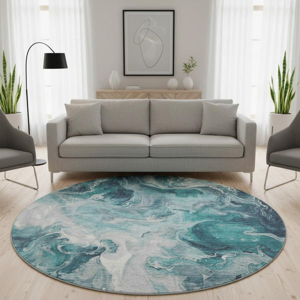 HomeRoots 8' Teal Gray Silver Abstract Round Rug – Washable, Stain Resistant, UV Protected for Modern Homes 697245