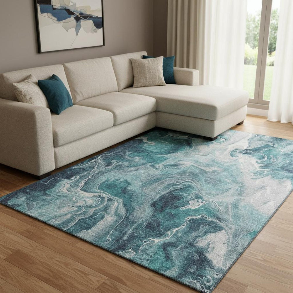 HomeRoots 8' X 10' Modern Teal Gray Silver Abstract Area Rug - Washable, Stain-Resistant, UV Protected Comfort 697246
