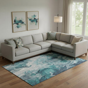 HomeRoots 9' X 12' Teal Gray Silver Abstract Area Rug - Washable, UV Protected, Durable for High-Traffic Areas 697247