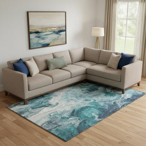 HomeRoots 10' X 14' Teal Gray Silver Abstract Washable Area Rug - Durable, Stain-Resistant & UV Protected! 697248