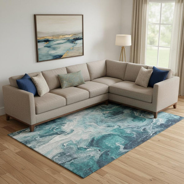 HomeRoots 10' X 14' Teal Gray Silver Abstract Washable Area Rug - Durable, Stain-Resistant & UV Protected! 697248