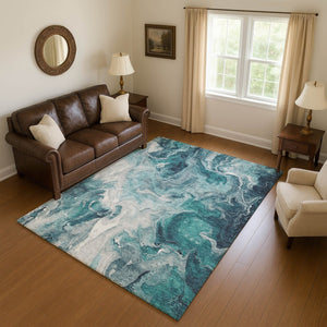 HomeRoots 10' X 14' Teal Gray Silver Abstract Washable Area Rug - Durable, Stain-Resistant & UV Protected! 697248