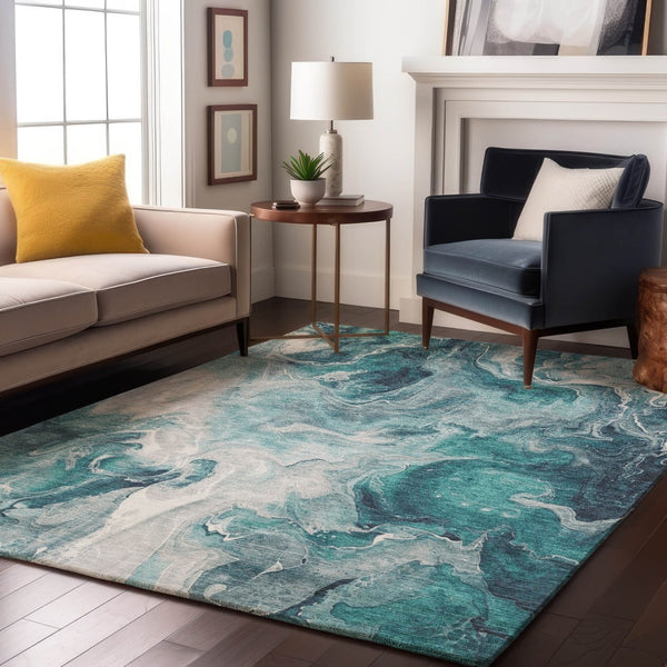HomeRoots 10' X 14' Teal Gray Silver Abstract Washable Area Rug - Durable, Stain-Resistant & UV Protected! 697248