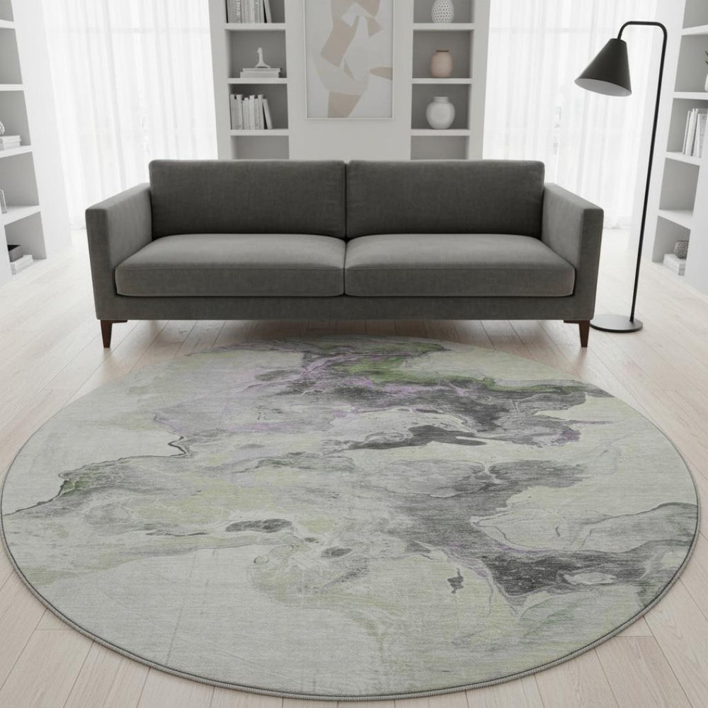 HomeRoots 8' Abstract Washable Round Rug in Artichoke Green, Gray & Ivory - Durable, UV Protected & Stylish 697251