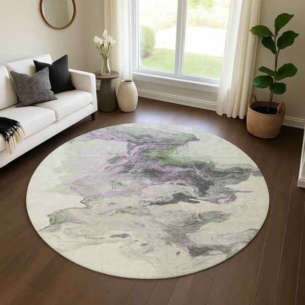 HomeRoots 8' Abstract Washable Round Rug in Artichoke Green, Gray & Ivory - Durable, UV Protected & Stylish 697251