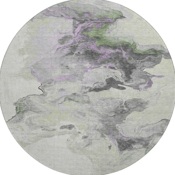 HomeRoots 8' Abstract Washable Round Rug in Artichoke Green, Gray & Ivory - Durable, UV Protected & Stylish 697251