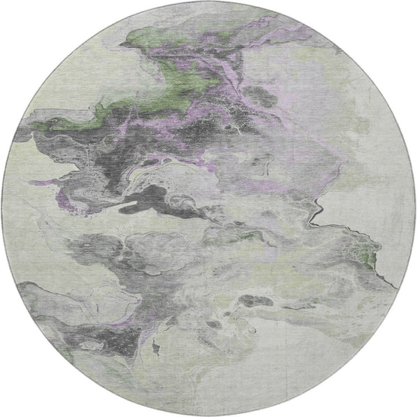 HomeRoots 8' Abstract Washable Round Rug in Artichoke Green, Gray & Ivory - Durable, UV Protected & Stylish 697251
