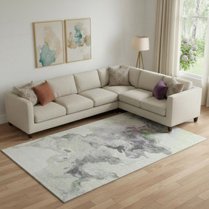 HomeRoots 9' X 12' Artichoke Green Gray Ivory Abstract Washable Area Rug for Modern Homes with UV Protection 697253