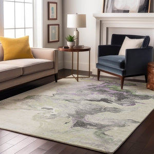 HomeRoots 10' X 14' Artichoke Green Gray Ivory Abstract Area Rug - Washable, Stain Resistant, UV Protected! 697254