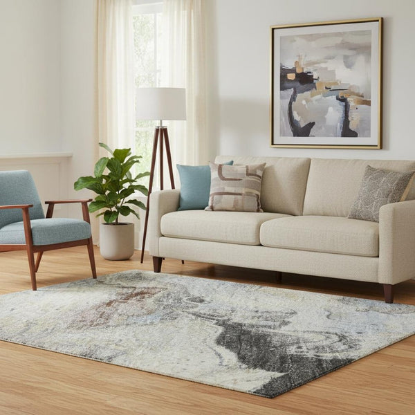 HomeRoots 5' X 8' Beige Blue Copper Abstract Washable Area Rug - Durable, UV-Protected, Kid & Pet Friendly! 697256