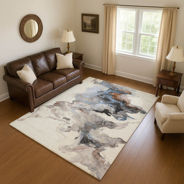HomeRoots 5' X 8' Beige Blue Copper Abstract Washable Area Rug - Durable, UV-Protected, Kid & Pet Friendly! 697256